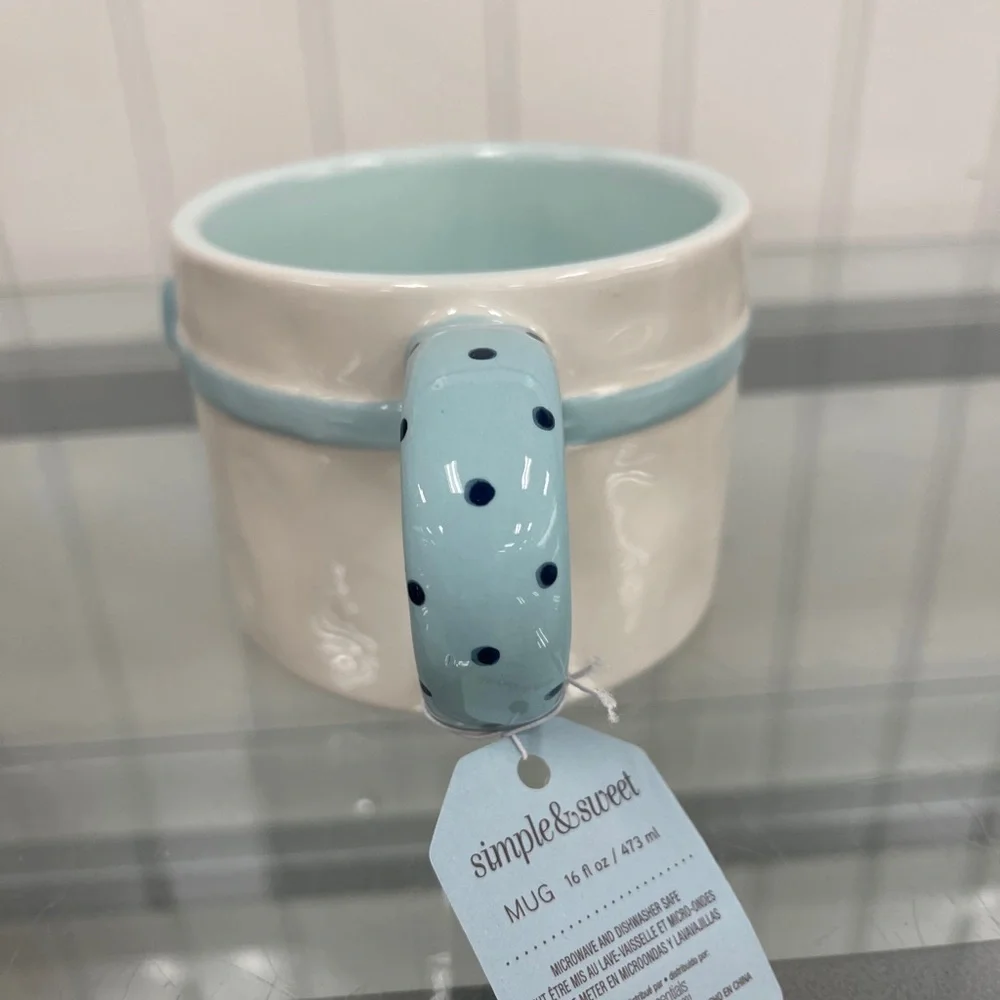 Pastel Blue Bow 🎀🩵 Coquette Polka Dot hand painted Ceramic Coffee Mug NWT